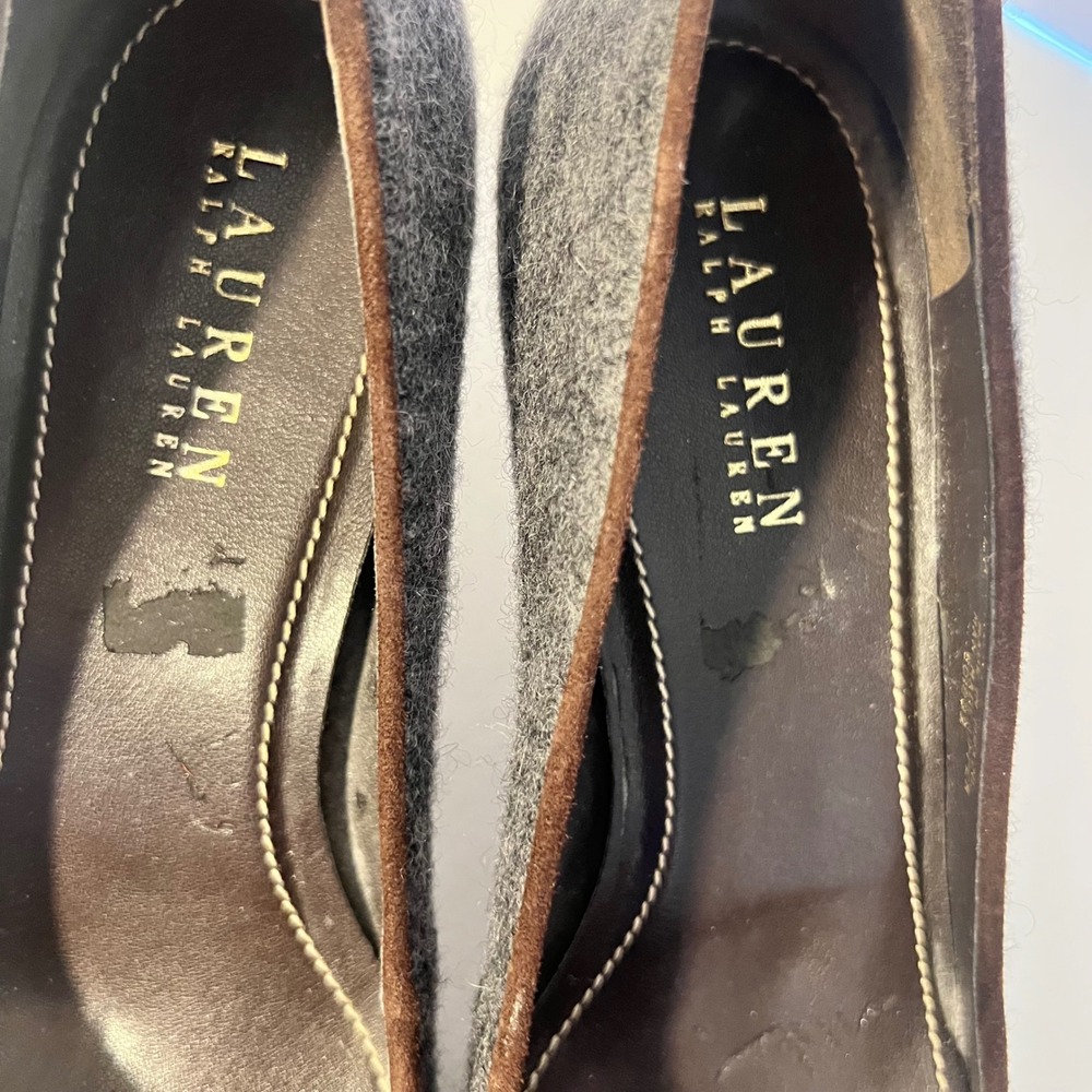 Lauren Ralph Lauren Stilla Grey Wool Tassel Pumps Brown Suede Trim 8.5B - Picture 8 of 8